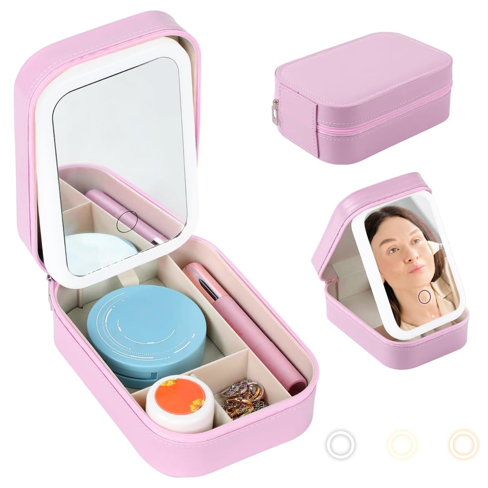 Ouwald Makeup Bag With Led Mirror, Travel Makeup Case with 3-Color Adjustable Light Mirror, 1200mAh Rechargeable LED Makeup Mirror Organizer