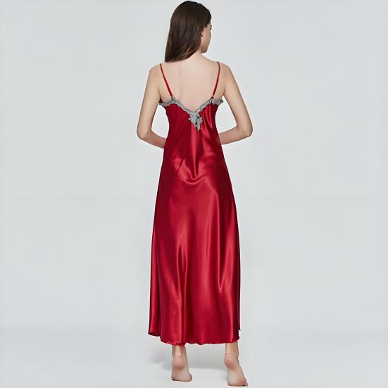 Женская атласная ночная сорочка с кружевом, на бретельках-спагетти, без рукавов, комбинация, мягкая, с V-образным вырезом, макси, одежда для сна, шелковистая ночная сорочка