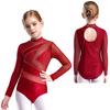 Girls Gymnastics Figure Skating Dance Costume Sparkly Rhinestone Ballet Leotard Unitard Sheer Mesh Long Sleeve Jumpsuit