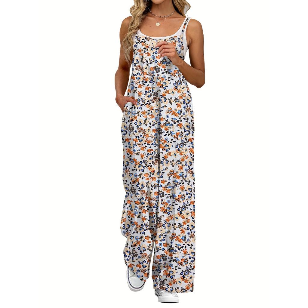 Women's Spaghetti Strap Sleeveless Floral Jumpsuit Loose High Waist Casual Wide Leg Overalls
