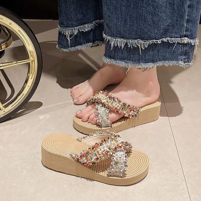 Ретро шлепанцы на танкетке, крутые женские пляжные шлепанцы на платформе, лето 2025, вьетнамки с перемычкой между пальцами, женская обувь для улицы