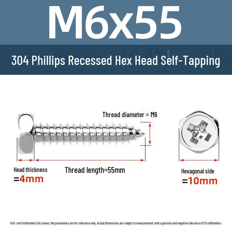 Yigu 304 Stainless Steel Phillips Recessed Hex and Slotted Self-Tapping Screws for Wood, M3-M8