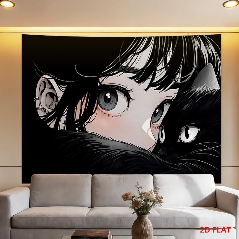 Cozy Anime Girl with Cat Tapestry, Aesthetic Wall Art for Bedroom, Living Room, Office & Meditation Space Decor