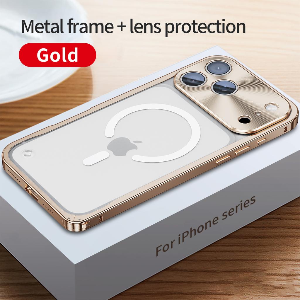 Metal Frame Magnetic Phone Case For iPhone 17 12 13 14 15 16 Pro Max Aluminum Alloy Full Lens Protection Cover For iPhone 16 Plating Metal Back Case