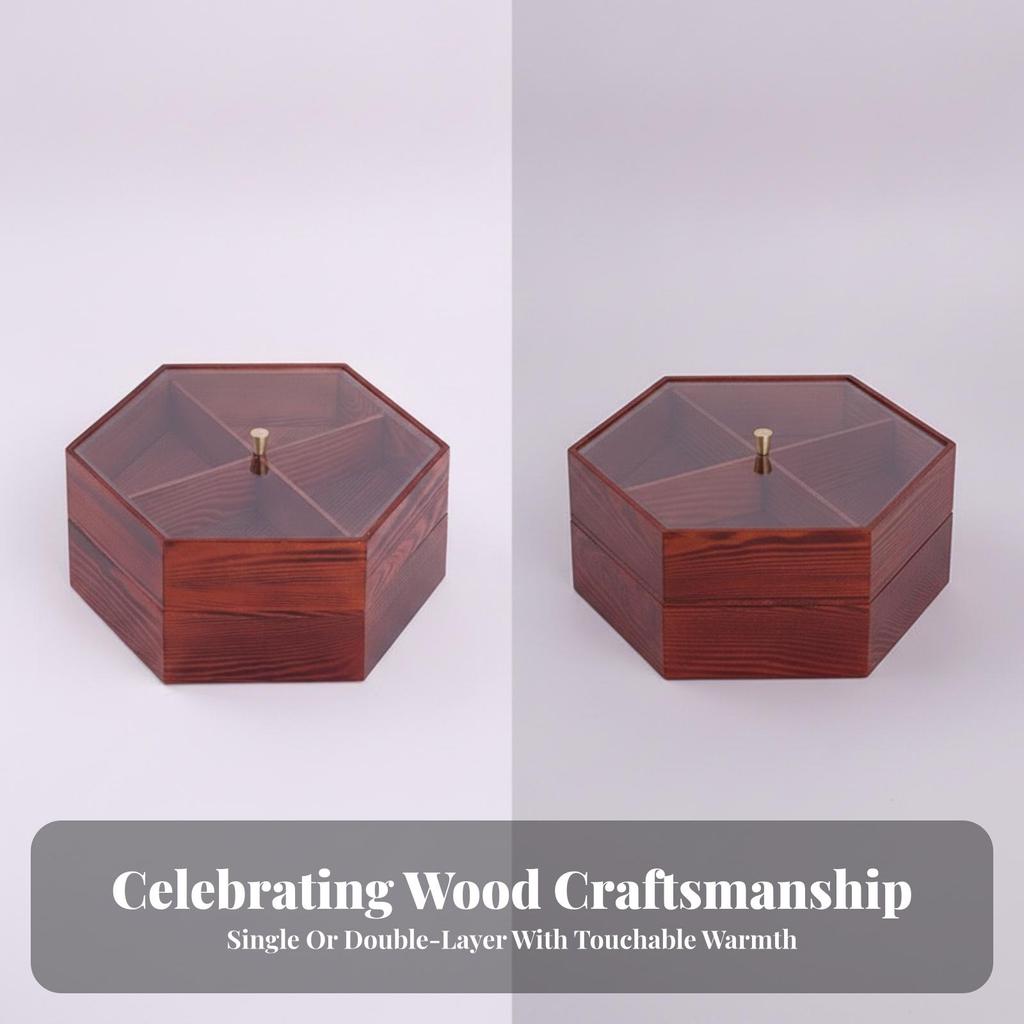 Hexagonal Wooden Snack Box Mahogany Finish Candy with Compartments