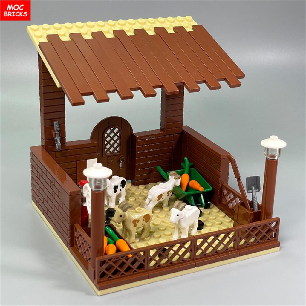MOC Кирпичи Милая Овца Коза Сарай Овчарня Животное DIY Ферма Пастбище Вид Строительные Блоки Аксессуары Детские Игрушки Подарки