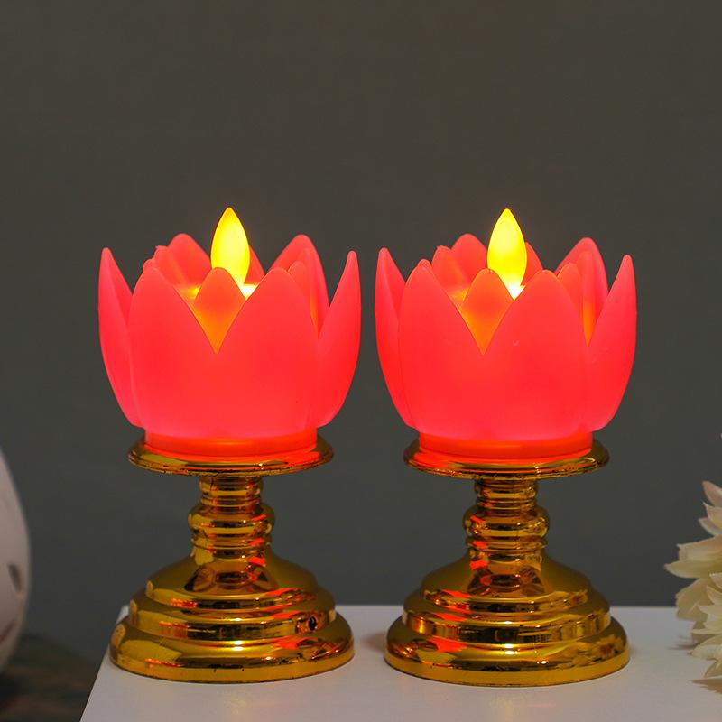 2-Pack Temple Flameless LED Lotus Candle with Base Safe and Smokeless Electronic Candle for Party Buddha-karya Festival