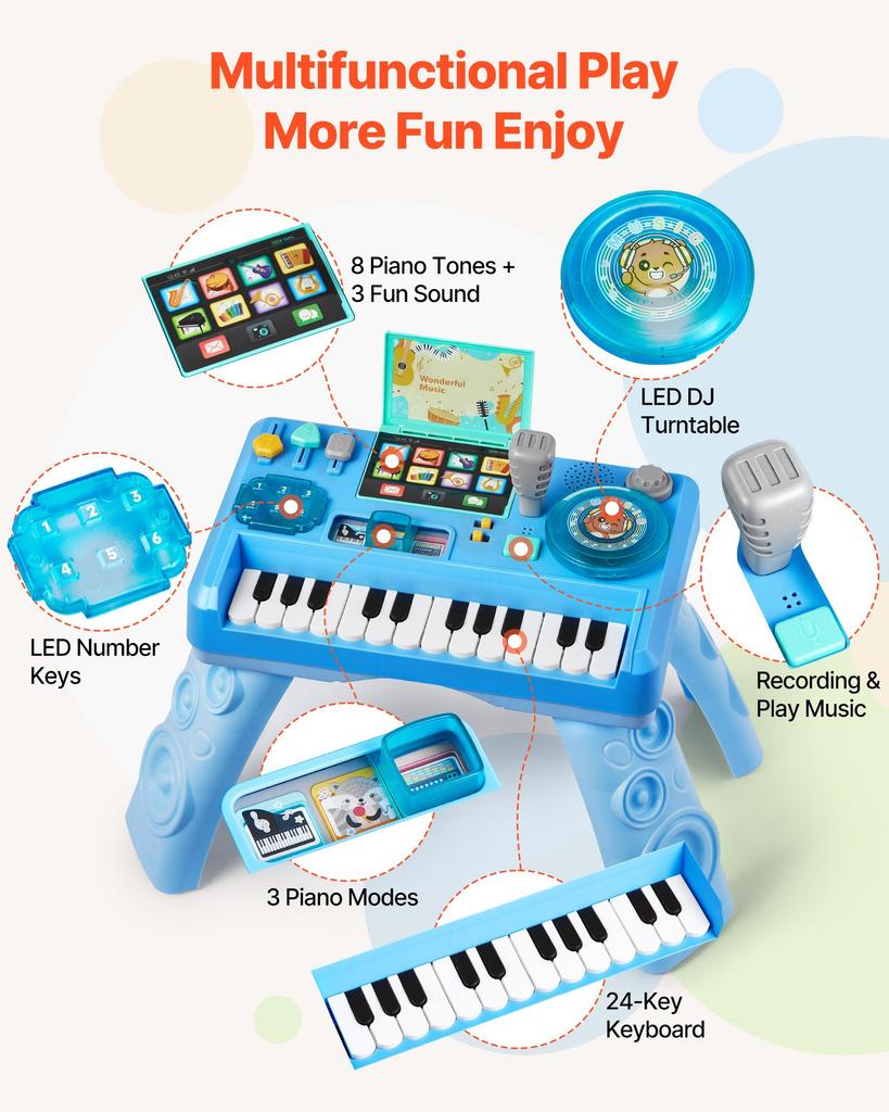 VEVOR Baby DJ Playset for Toddlers 1-3, Educational Musical Table Toys with 133 Sound Sources, Recording and LED DJ Turntable