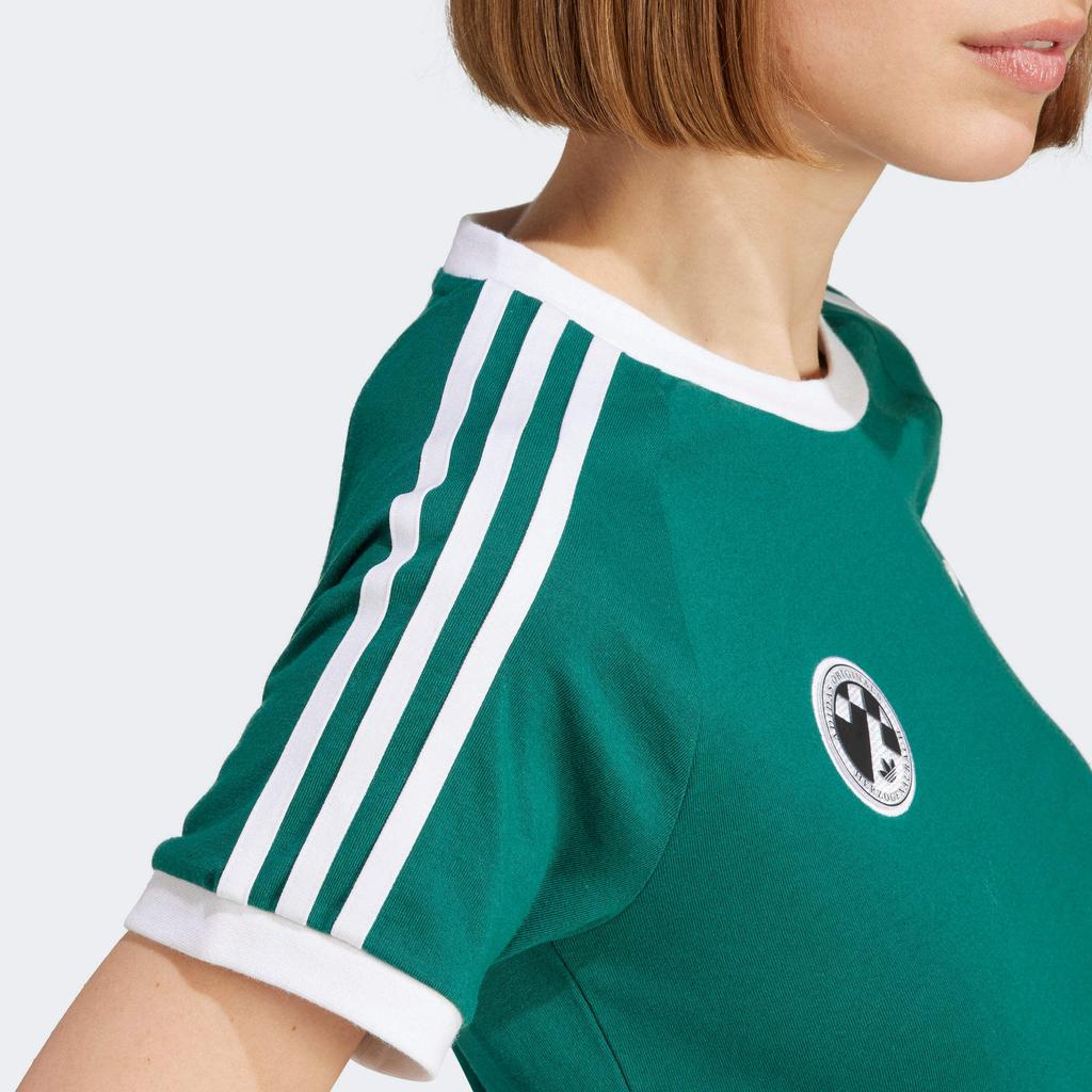 adidas Оригинальный трилистник, логотип бренда, буквенный принт, полосатая футболка реглан с короткими рукавами, женские топы, зеленый IR9785