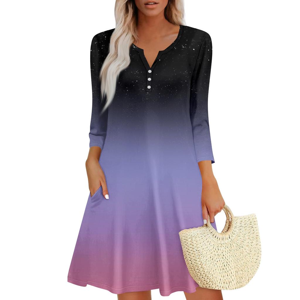 Women's Summer Dress Loose V Neck Three-quarter Sleeve Sundress With Pockets Dress