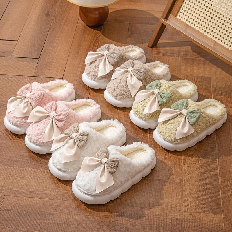 Maternity Bow Knot Cotton Slippers: Plush, Non-Slip, Thickened, Closed-Heel Autumn/Winter Footwear for Women