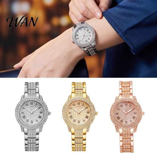 Quartz Watch with Metal Band Women Roman Numerals Rhinestones, Round Dial Ladies Wristwatch Band, for Casual and Formal Wear Rhinestone Inlaid Analog