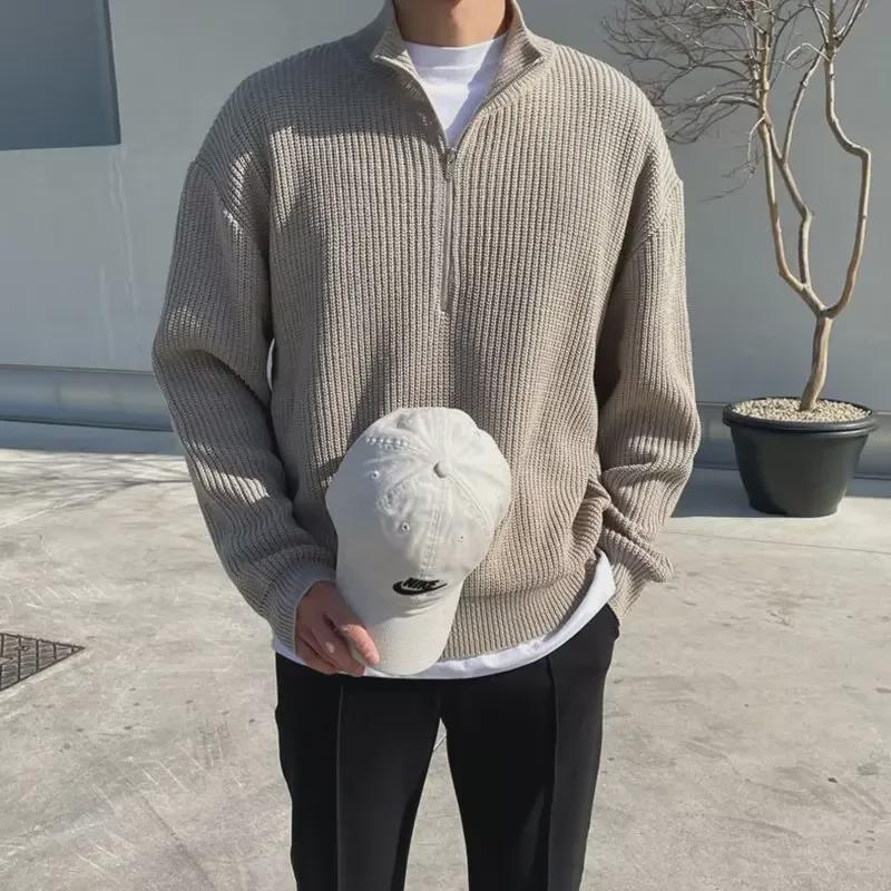 Мужской свитер-кардиган в корейском стиле с воротником-стойкой на осень