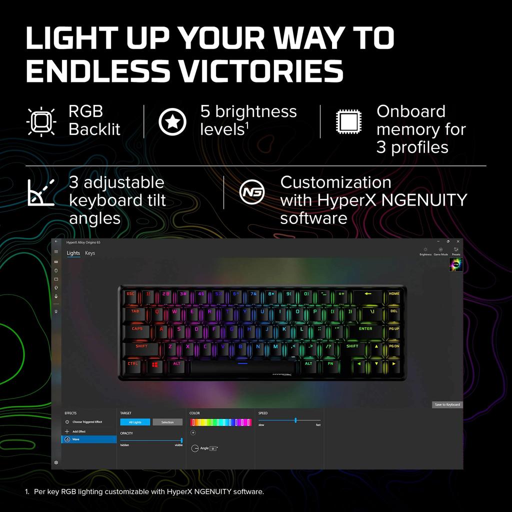 HYPERX Механическая игровая клавиатура Alloy Origins 65 Compact RGB с переключателями HyperX Aqua, гарантия производителя - Ориентирована на геймеров, 2 года (56R64AA#ABA)