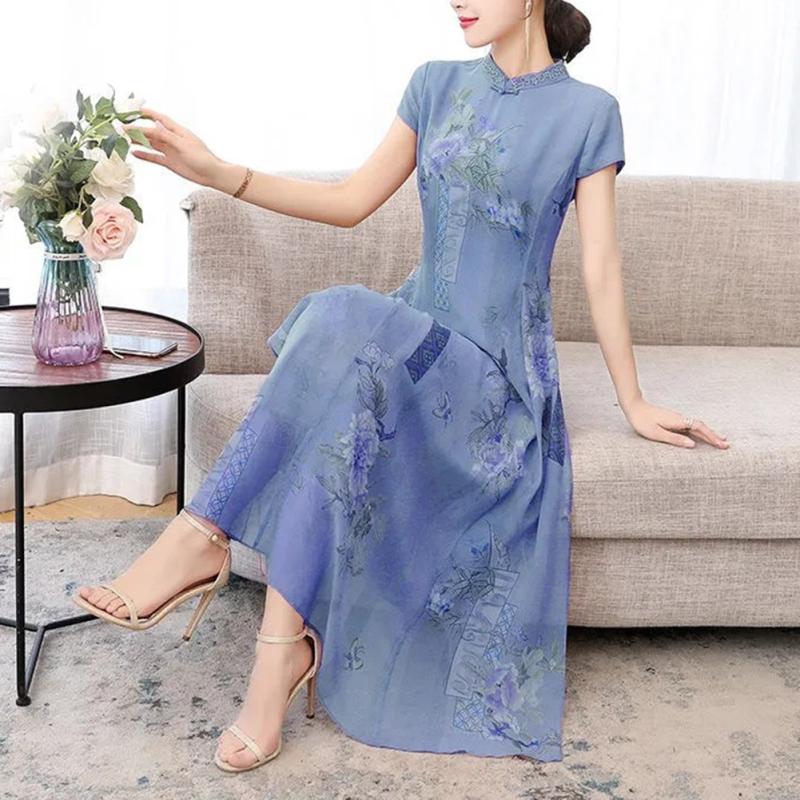 Женское платье Cheongsam с короткими рукавами и воротником-стойкой, длинная юбка в китайском стиле, юбка трапециевидной формы с высокой талией