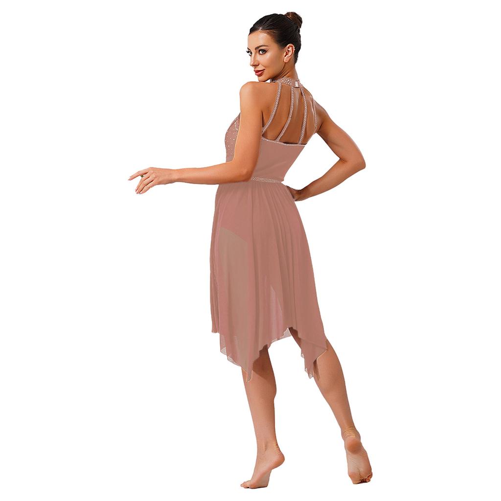 Премиальный костюм для лирического танца для женщин S-XXL Платье-халтер со стразами и сетчатой юбкой с оборками для соревнований и занятий