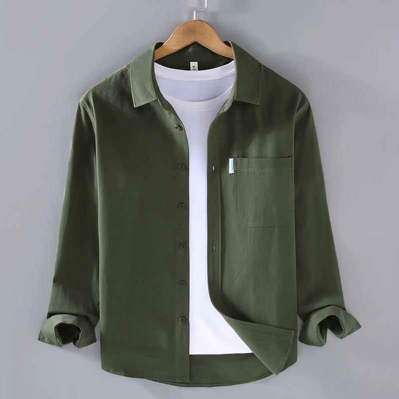 Хлопковая однотонная рубашка с длинными рукавами для мужчин, минималистский стиль