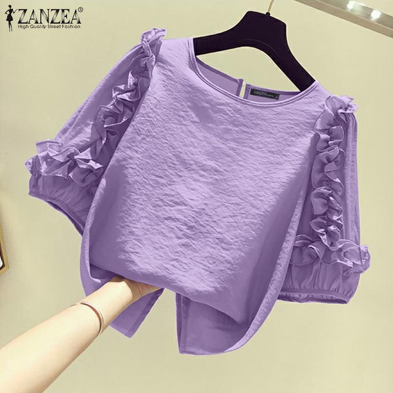 ZANZEA Женская повседневная блузка с круглым вырезом и рукавом 3/4 с оборками