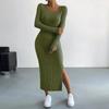 Long Sleeved Round Neck Slit Knitted Long Dress For Women
