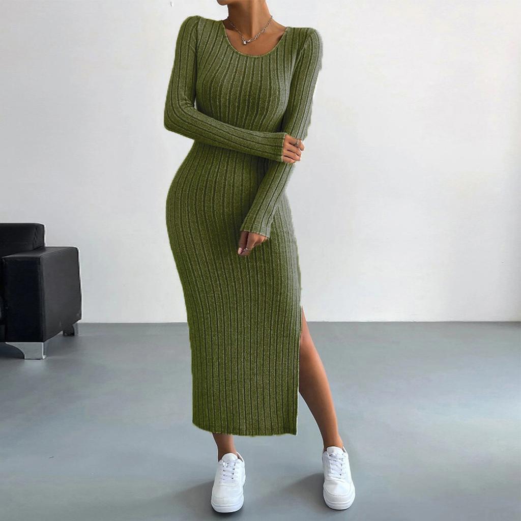 Long Sleeved Round Neck Slit Knitted Long Dress For Women