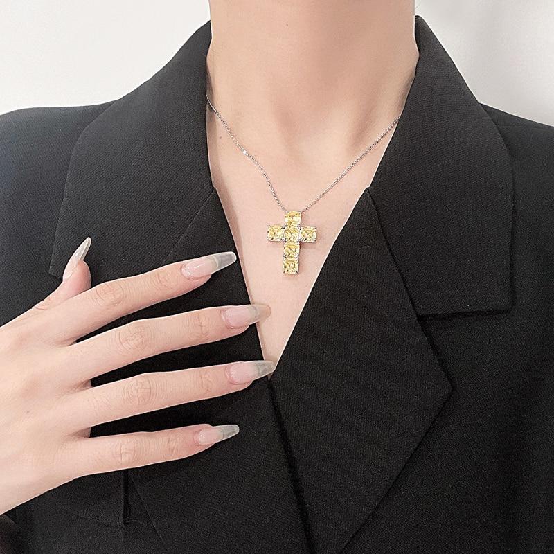 100% стерлингового серебра 925 пробы 7*7 мм желтый крест высокоуглеродистый бриллиант кулон ожерелье для женщин сверкающие вечерние ювелирные украшения