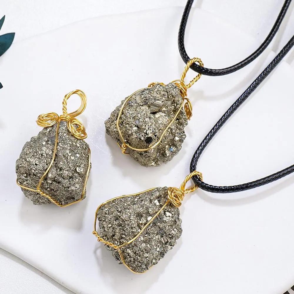 Обернутый проволокой натуральный кристаллический камень ожерелье пирит кулон ювелирные изделия необработанный камень пирит подарки