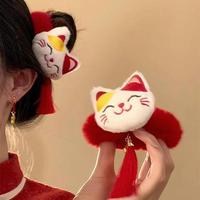 Новая китайская плюшевая голова кошки-талисмана, мультяшный, стильный, милый, повседневный, универсальный, резинка для хвоста, легкая роскошь, нишевая резинка для волос