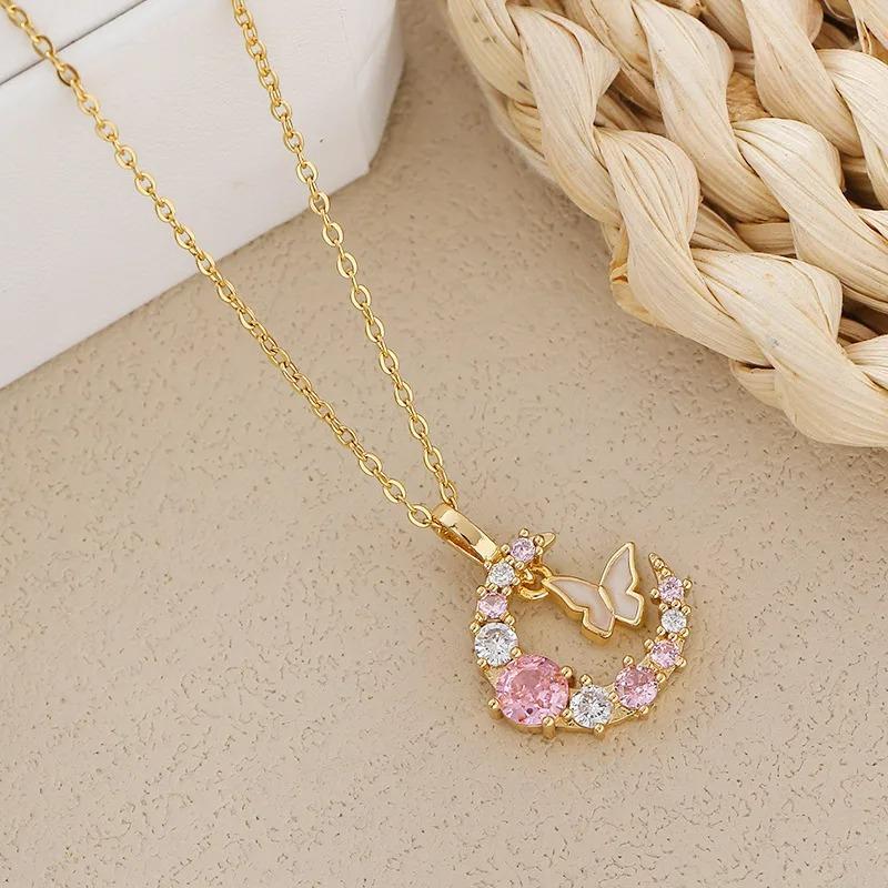 New Korean Fashion Butterfly Moon 2025 Necklace Women's Stainless Steel Cute Collar Chain High End Elegant Zircon Girls Gift