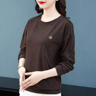 Футболка, топы, женская хлопковая блузка, свободная, удобная, эластичная, с длинным рукавом, однотонная, с круглым вырезом, свободные топы