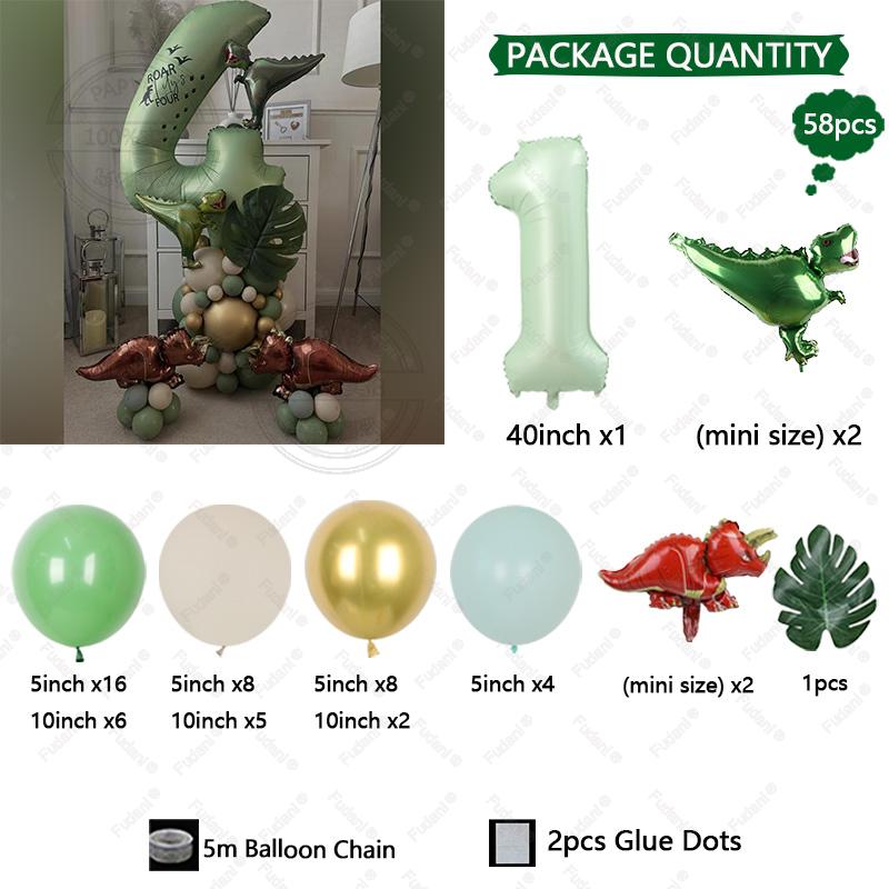 58pcs Mini Triceratops Tyrannosaurus Rex Balloon 40 Inch Olive Green Number 1-9 Balloon Set Dinosaur Theme Party Decoration