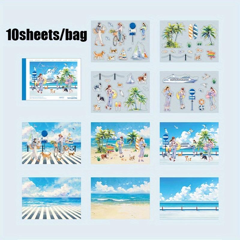 Mr. Paper,Sweet Landscape Stickers Pack of 10 Large Size Holiday Seaside Cherry Blossom Decorative Stickers for Handbooks Gifts