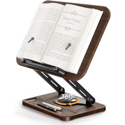 Регулируемая подставка для книг и держатель для книг с вращением на 360°, регулируемая по высоте подставка для чтения с выдвижными зажимами для страниц и мини-отсеком для хранения