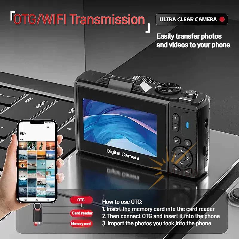 Цифровая камера 64 МП WIFI 4K с откидным экраном 180° Камера для селфи Маленькая портативная 18-кратный цифровой зум VLOG-камера