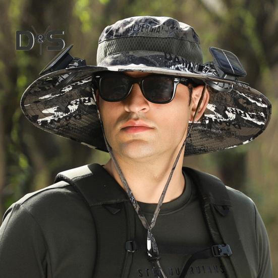 Men Fisherman Hat with 2 Solar Fan Large Brim Windproof Strap USB Charging Anti-UV Sunlight Protection Quick Dry Great Breathability Outdoor Fishing