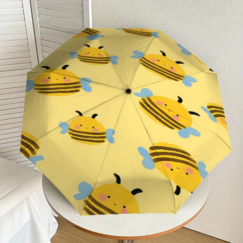 Cute Bee Print Automatic Opening/Closing Umbrella with Foldable Design, Iron Frame, Outdoor Use, Festival Gift, Suitable for Fans, Travel, D