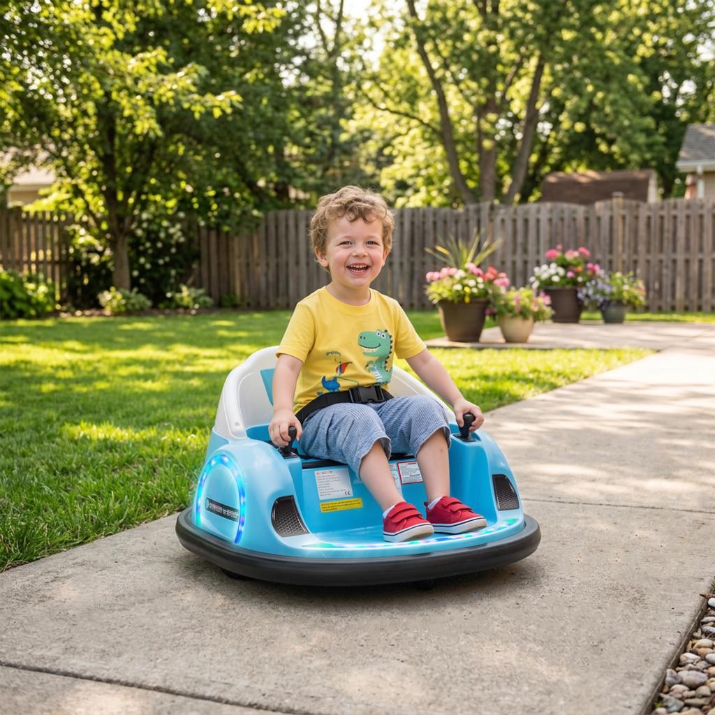 360 degrees Rotation Kids Bumper Car, 12V Waltz Car with Remote Control, Dual Joystick, Music, Lights, Light Blue