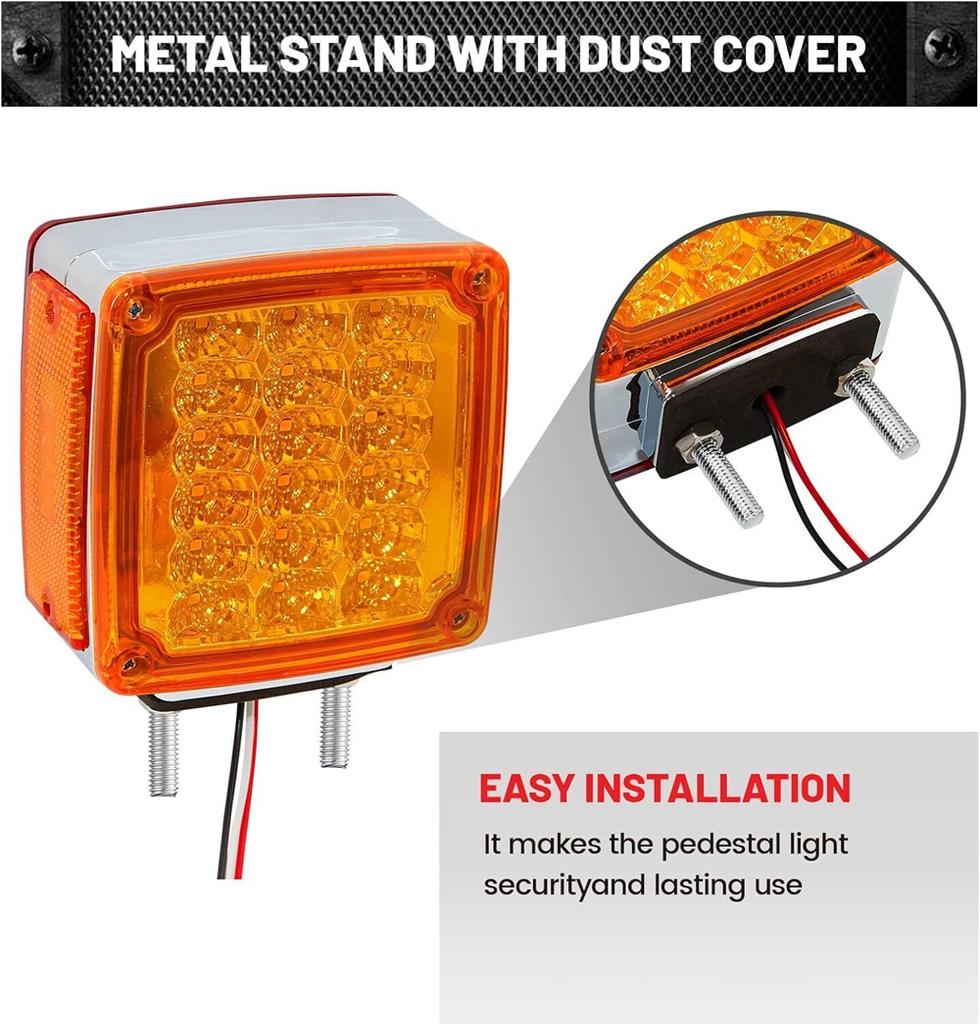 2PCS Turn Signal Light 39LED Red Amber Square Dual Face Stud Mount Pedestal Fender Truck Trailer Side Marker Rear Tail Lights