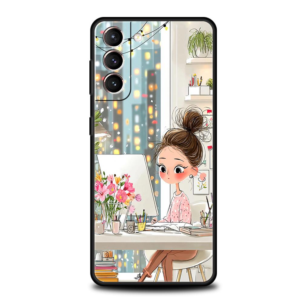 Чехол для телефона Cover для Samsung Galaxy S25 Edge S24 S23 S22 S20 S21 FE Ultra S10 S10E Plus 5G Мягкий ТПУ Capas Мультяшная Девушка Funda Сумка