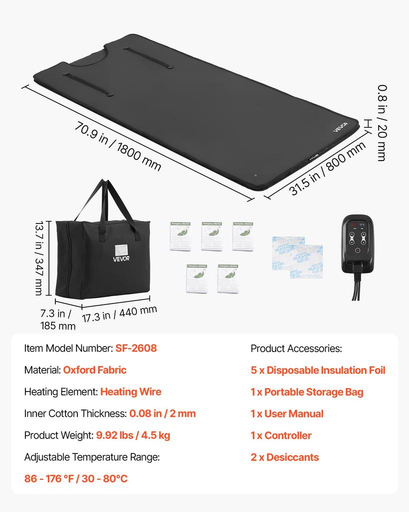 VEVOR Infrared Sauna Blanket with Armholes, 180 x 80 cm Portable Sauna Bag, Even Heating for Home Detox & Relaxation, Temp Control & Timer