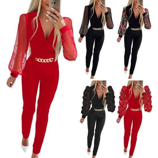 Женский комбинезон с аппликацией в виде розы, прозрачная сетка, декор в виде цепочки, приталенный, с V-образным вырезом, с высокой талией, однотонный