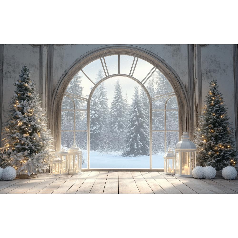 Christmas Winter Decoration Background Snow Window Forest Christmas Tree Photography Background 70.8*43.3 InchesPhoto Studio