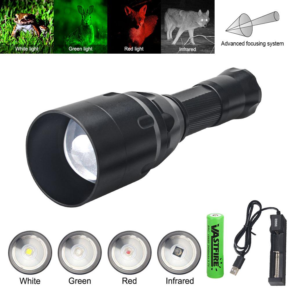 White/XPE Green/Red/IR Flashlight Led Tactical Night Hunting Flashlight Torch Weapon Gun Light+Remote Switch+18650+USB Charger