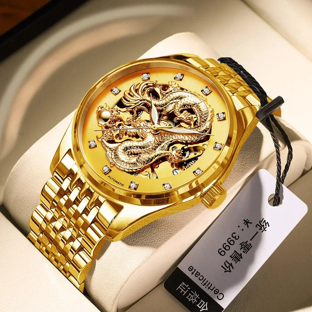 Gold Dragon Design Luxury Automatic Mechanical Watch for Men Super Brand Stainless Steel Luminous Waterproof Men's Watch