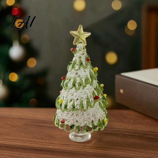 Interior Design Accent Hand Blown Glass Christmas Tree Figurine with Golen Star Festive Desk Decoration Mini Xmas Ornament Handmade Desktop Holiday