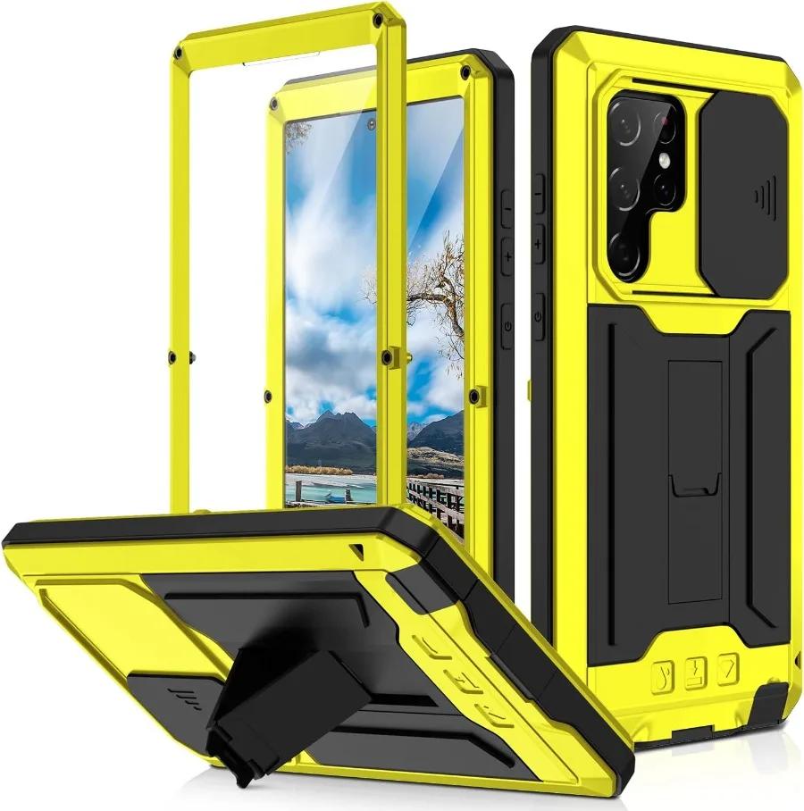 For Samsung S22 Plus S22 Ultra Case Rugged Aluminum Metal Stand with Screen Protector Shockproof Cover Screw Bumper