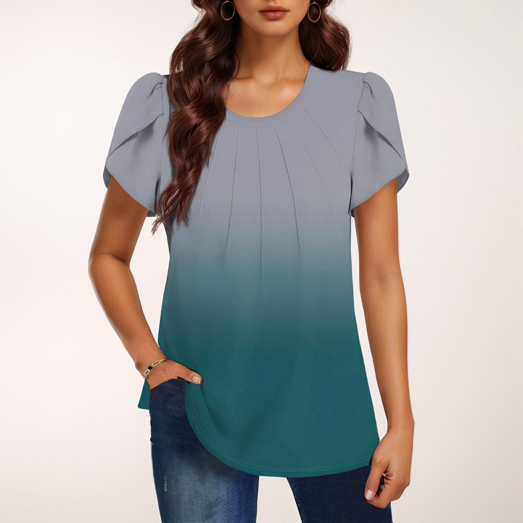 Женская модная футболка с круглым вырезом и коротким рукавом с градиентным принтом, повседневная базовая плиссированная футболка-пуловер