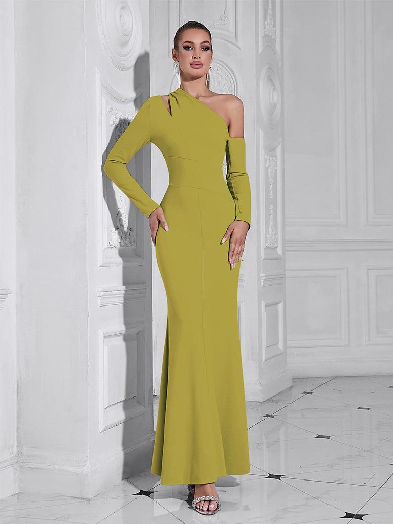 Элегантное женское вечернее платье с открытым плечом, облегающего кроя - Сексуальное платье с открытой спиной и длинными рукавами