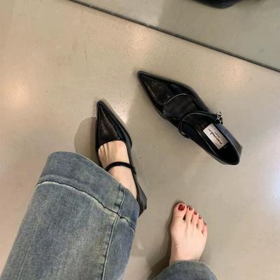 Туфли Мэри Джейн на толстом каблуке, черные, французские, женские, весна 2024, универсальные, с острым носком, на высоком каблуке, для поездок на работу