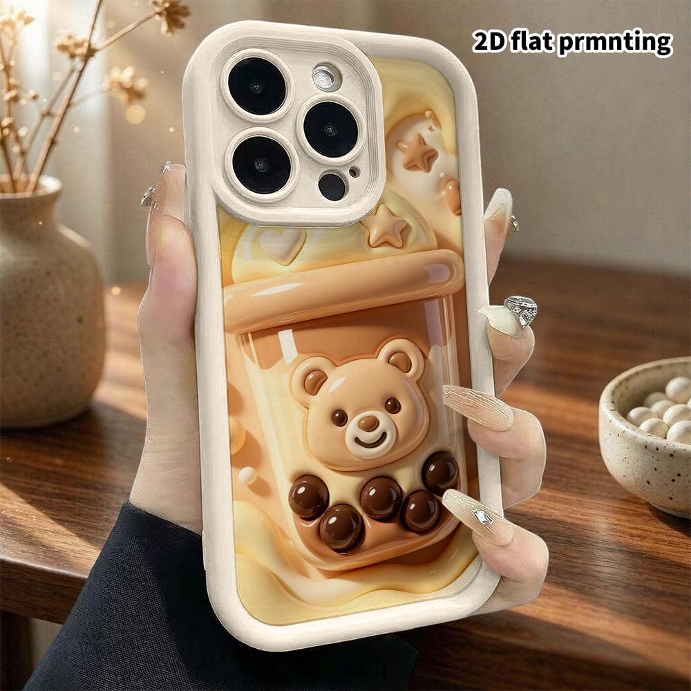 Phone Case: 2D flat design suitable for iPhone 18 17 16 15 14 13 Pro protective case, little bear milk tea cup, perfect Christmas and Halloween holida