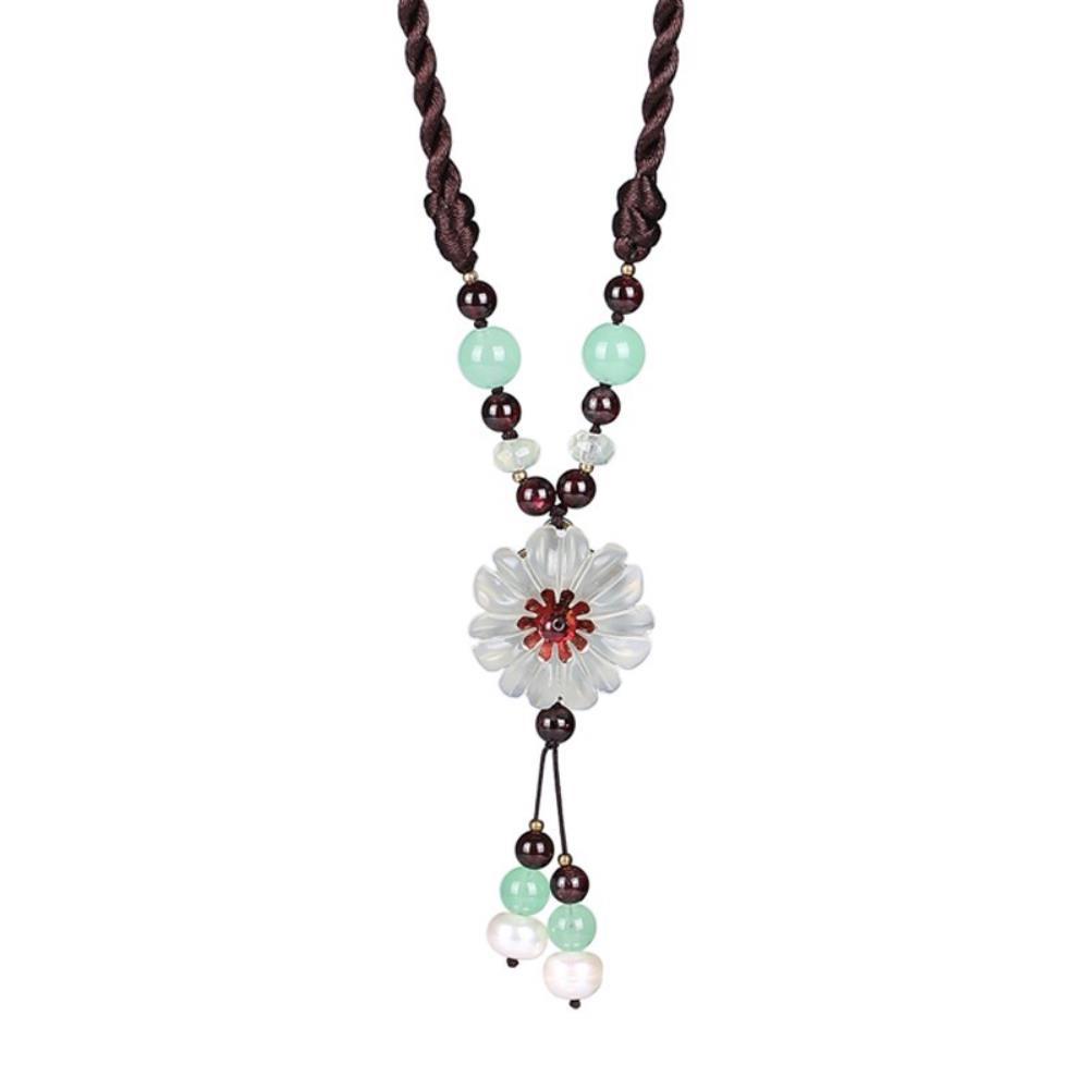 GEMCHIC Женское этническое ожерелье с подвеской-цветком из стекла на плетёном шнурке с нефритовыми бусинами, короткая цепочка на ключицу